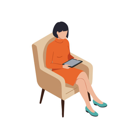 Vector illustration shows woman wearing orange dress sitting on beige armchair while using digital tablet device, calm and focused mood.のイラスト素材