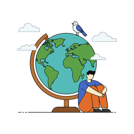 Illustration shows a man sitting beside a large globe with a bird perched on top, surrounded by clouds, symbolizing global connection and environmental reflection. Calm mood.のイラスト素材