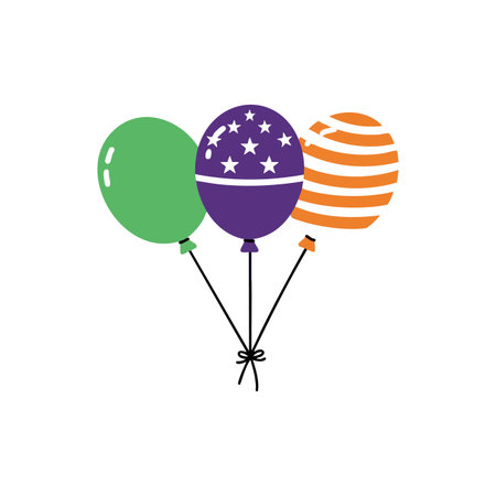 Illustration shows three balloons with green, purple with stars, and orange with stripes in a festive and cheerful style. Bright mood.のイラスト素材