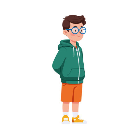 Illustration shows a boy in green hoodie, orange shorts, yellow shoes, and glasses standing calmly. The mood is casual and relaxed.のイラスト素材