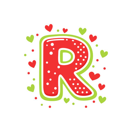 This vector image shows a playful red letter R with white dots and green outline, decorated with red and green hearts for a cheerful educational theme. Bright and joyful.のイラスト素材