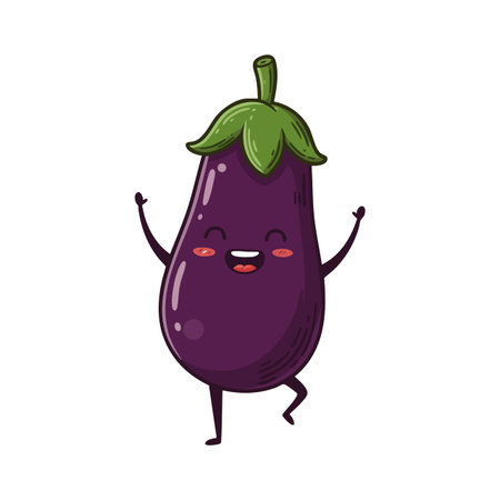 Cheerful purple eggplant character with green stem dances joyfully, showing happiness and fun in a cute vector style. Playful and lively mood.のイラスト素材