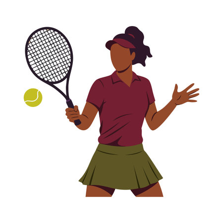 Female tennis player dressed in maroon shirt and olive skirt prepares to hit ball with racket in dynamic stance, showcasing athletic grace. Energetic mood.のイラスト素材