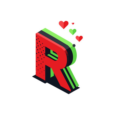 This vector features a 3d letter R with red and green colors and floating hearts representing love and affection in a modern style. Romantic mood.のイラスト素材