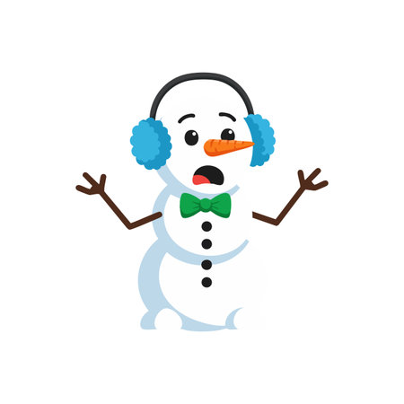 Snowman with carrot nose, black buttons, and stick arms wears blue earmuffs and green bow tie, expressing surprise in a winter theme. Cheerful mood.のイラスト素材