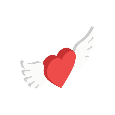 This vector shows a red heart with white wings flying, symbolizing love, freedom, and romance in a simple flat style, evoking a joyful mood.のイラスト素材