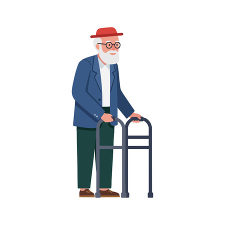 Illustration shows an elderly man with white beard and glasses using a walker for mobility assistance in a casual outfit. Calm and respectful.のイラスト素材