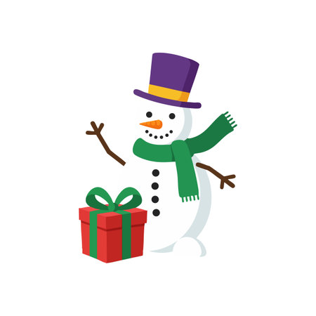 Snowman wearing a purple hat and green scarf stands next to a red gift box, evoking a joyful winter holiday mood. Cheerful and festive.のイラスト素材
