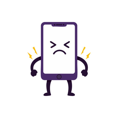 Illustration of a purple smartphone character with angry eyes and clenched fists showing frustration and tension. Energetic mood.のイラスト素材