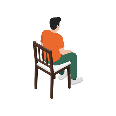 Illustration shows a man sitting on a wooden chair wearing casual clothes viewed from behind in vector style. Calm and simple mood.のイラスト素材