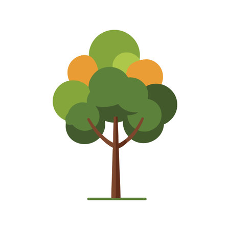 This vector image shows a stylized tree with green and orange leaves and a brown trunk representing nature and environment in a clean design. Calm and fresh.のイラスト素材