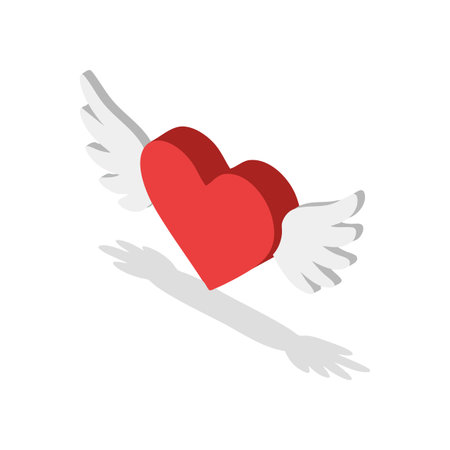 Red heart with white wings flying symbolizing love, passion, and freedom in a clean vector style. Bright and uplifting mood.のイラスト素材