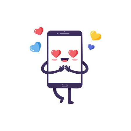 This vector illustration shows a cute smartphone character with heart-shaped eyes surrounded by colorful love emojis, creating a joyful and affectionate mood.のイラスト素材