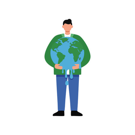 Man holds a melting Earth globe representing climate change and environmental issues with a green and blue color scheme, evoking concern.のイラスト素材