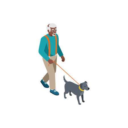 Illustration shows elderly man with white hair walking a small black dog on a leash outdoors in casual clothes, conveying calm and relaxed mood.のイラスト素材