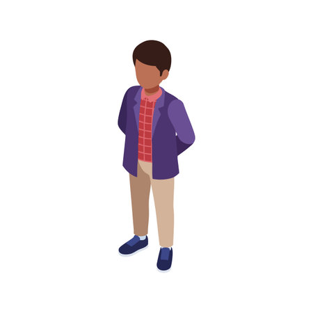 Isometric boy stands calmly with hands behind back wearing casual purple jacket, red shirt, and beige pants in a simple vector style, peaceful mood.のイラスト素材