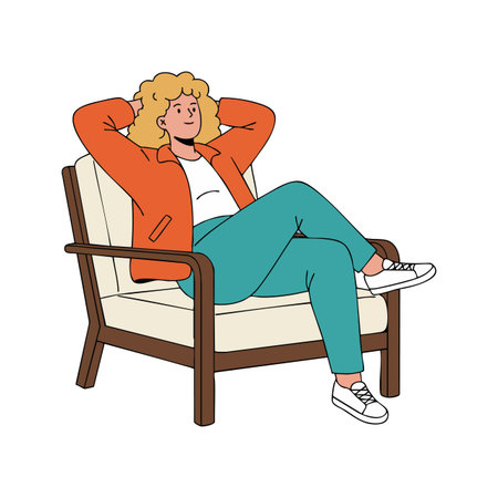 Illustration shows a relaxed woman in teal pants and orange jacket sitting comfortably with hands behind head, exuding calm and confidence mood.のイラスト素材