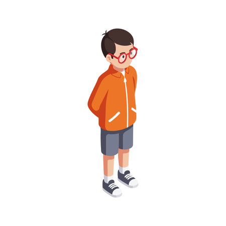 This vector shows a boy in an orange jacket and red glasses standing casually with hands behind back, presenting a calm and relaxed mood.のイラスト素材
