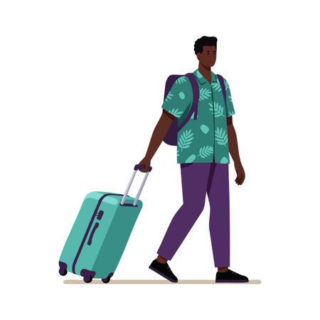 Illustration shows a man walking with a suitcase and backpack, dressed in casual clothes, conveying travel and movement mood.のイラスト素材