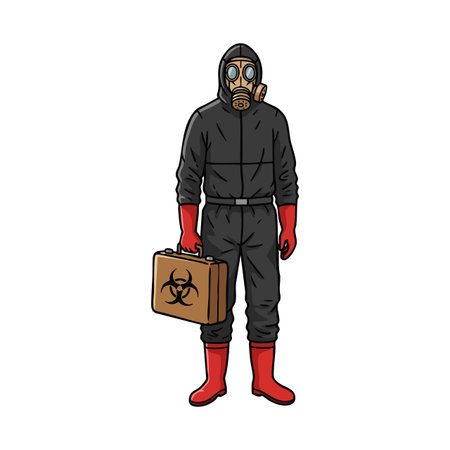 Illustration shows a person wearing a protective black suit and gas mask holding a biohazard marked case, conveying caution and safety. Serious mood.のイラスト素材