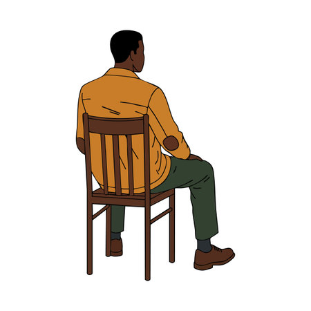 Illustration shows a man sitting on a wooden chair facing away, wearing casual clothes, conveying a calm and reflective mood.のイラスト素材