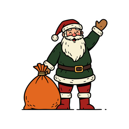 Santa Claus stands waving with a large gift sack, dressed in traditional festive attire for a joyful winter holiday mood.のイラスト素材