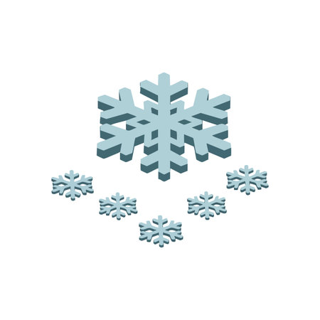 This vector shows a 3D blue snowflake icon surrounded by smaller snowflakes arranged in a circle representing winter. Calm mood.のイラスト素材