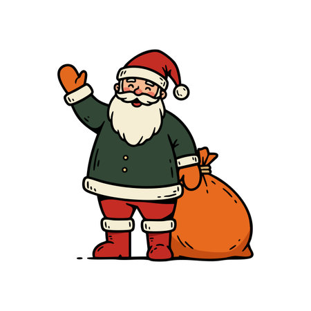 Santa Claus waves while standing next to a large gift sack, dressed in classic red and green attire with mittens. Cheerful holiday mood.のイラスト素材