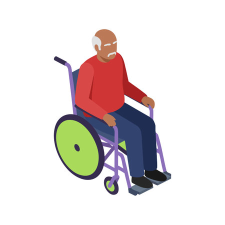 Illustration shows elderly man sitting in purple wheelchair with green wheels wearing red sweater and blue pants, calm mood.のイラスト素材