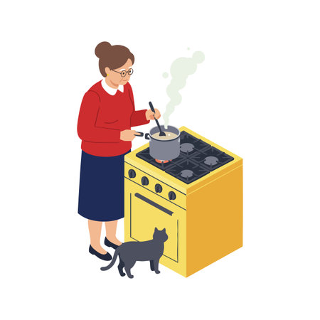 Woman wearing glasses and red sweater stirs pot on yellow stove while black cat watches closely in cozy kitchen setting calm mood.のイラスト素材