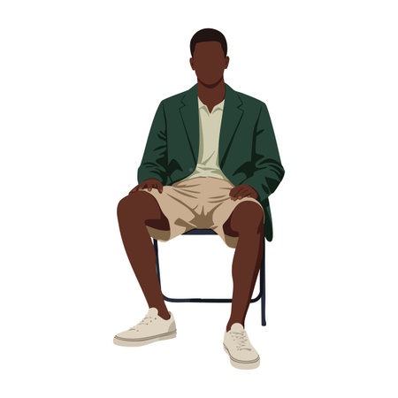 Vector illustration shows a young man sitting on a chair wearing a green jacket and beige shorts in a casual pose. Relaxed mood.のイラスト素材