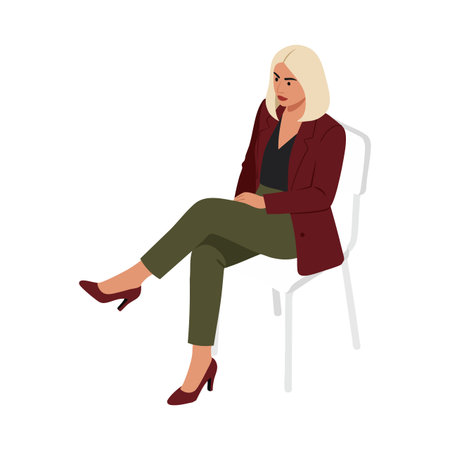 Illustration shows a woman with blonde hair sitting on a chair wearing a burgundy blazer, black top, and olive pants, calm and composed mood.のイラスト素材