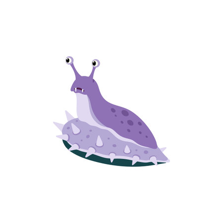 Purple slug with spikes on its shell appears isolated on white background in cartoon style, creating a playful and whimsical mood.のイラスト素材