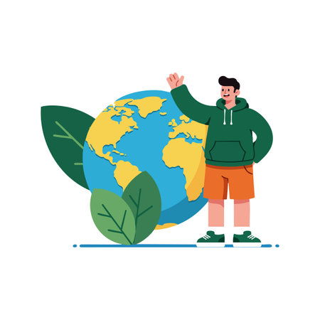 Illustration shows a young man waving next to a large earth globe with green leaves, representing nature and environment. Calm mood.のイラスト素材