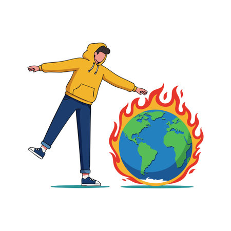 Illustration shows a person in a yellow hoodie kicking a burning Earth globe symbolizing environmental crisis and climate change. Urgent and serious mood.のイラスト素材