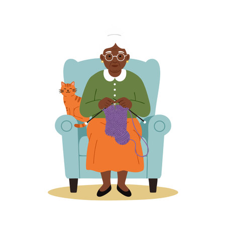 Elderly woman with glasses knits purple yarn while sitting in a blue armchair accompanied by an orange cat, creating a calm and cozy atmosphere.のイラスト素材
