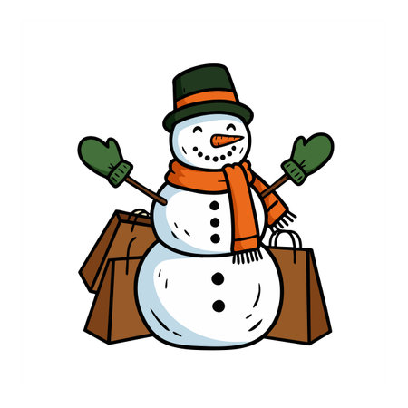 This vector shows a cheerful snowman with green mittens and an orange scarf holding shopping bags in winter, creating a festive mood.のイラスト素材