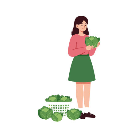 Illustration shows a woman holding fresh green cabbage with a basket full of vegetables beside her in a simple style. Calm mood.のイラスト素材