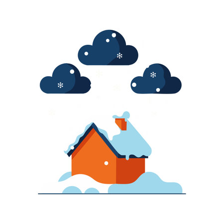 This vector illustration shows a snowy orange house under dark clouds with falling snowflakes representing winter season, creating a calm mood.のイラスト素材
