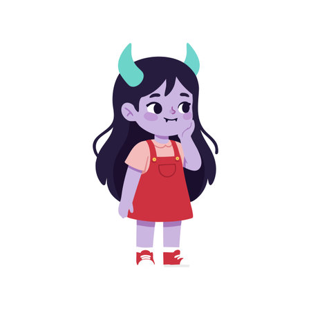 Girl with purple skin and turquoise horns wearing a red dress and pink shirt stands thoughtfully in this vector illustration. Playful mood.のイラスト素材