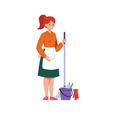 Woman stands holding mop next to a bucket with cleaning tools, wearing casual clothes and apron, in cheerful mood.のイラスト素材
