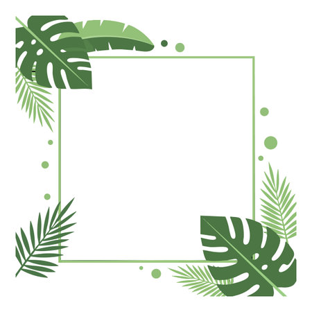 Vector illustration shows tropical green leaves arranged in a square frame with monstera and palm leaves, creating a fresh natural border, calm mood.のイラスト素材