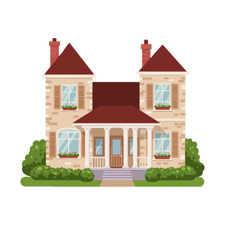 Illustration shows a two-story suburban house with red roof, beige walls, and green bushes in front, in a bright and calm setting.のイラスト素材