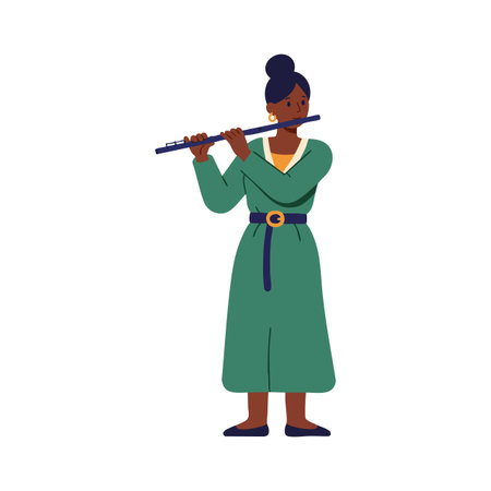 Woman stands playing a flute wearing a green dress with a belt and dark blue shoes, creating a calm and focused mood.のイラスト素材