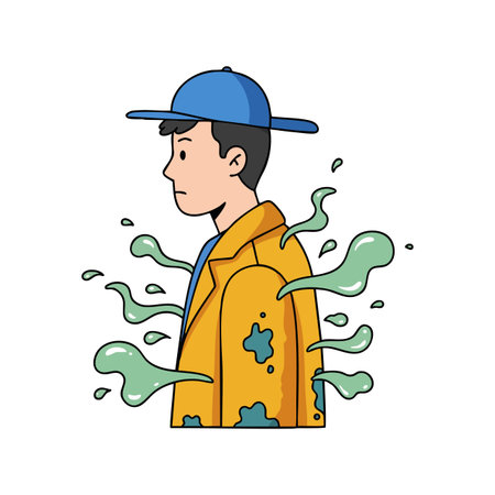 Illustration shows a young man wearing a blue cap and yellow jacket emitting green odor fumes, expressing discomfort and unpleasant smell mood.のイラスト素材