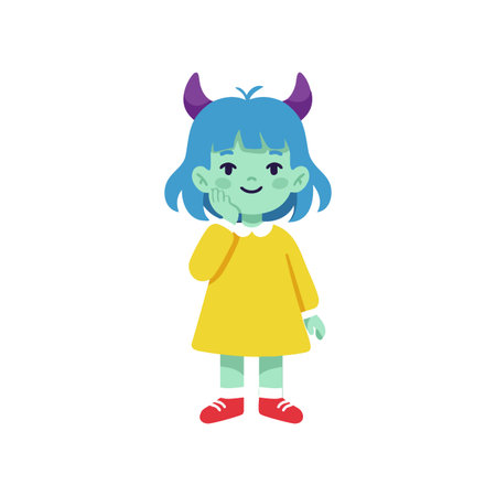 Illustration shows a green-skinned girl with blue hair and purple horns smiling gently, dressed in a yellow dress and red shoes, cheerful mood.のイラスト素材