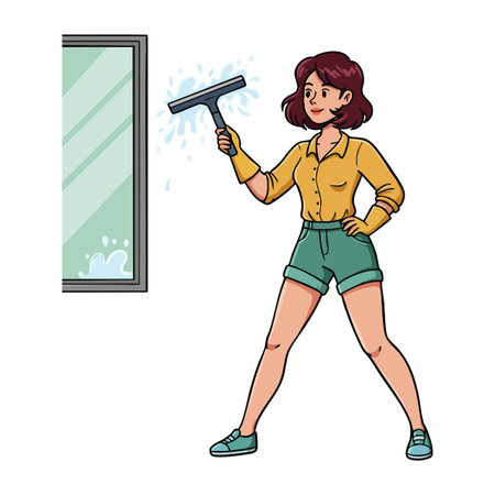 Woman wearing yellow shirt and green shorts cleaning a glass window with a squeegee, displaying a cheerful expression. Energetic mood.のイラスト素材