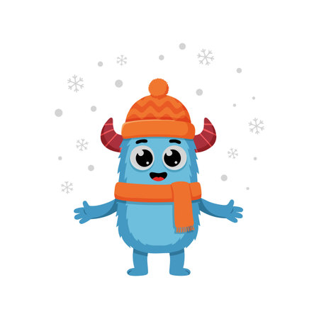 Blue furry monster wearing an orange hat and scarf stands happily with snowflakes falling around. The scene feels joyful and playful.のイラスト素材