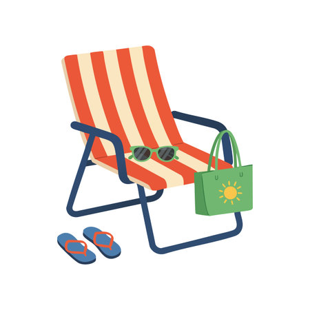 Illustration features a striped beach chair with sunglasses, flip flops, and a tote bag symbolizing summer relaxation and leisure. Bright and cheerful mood.のイラスト素材