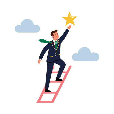 Businessman in suit climbs a pink ladder reaching for a golden star with light blue clouds around, symbolizing ambition and success. Motivational mood.のイラスト素材